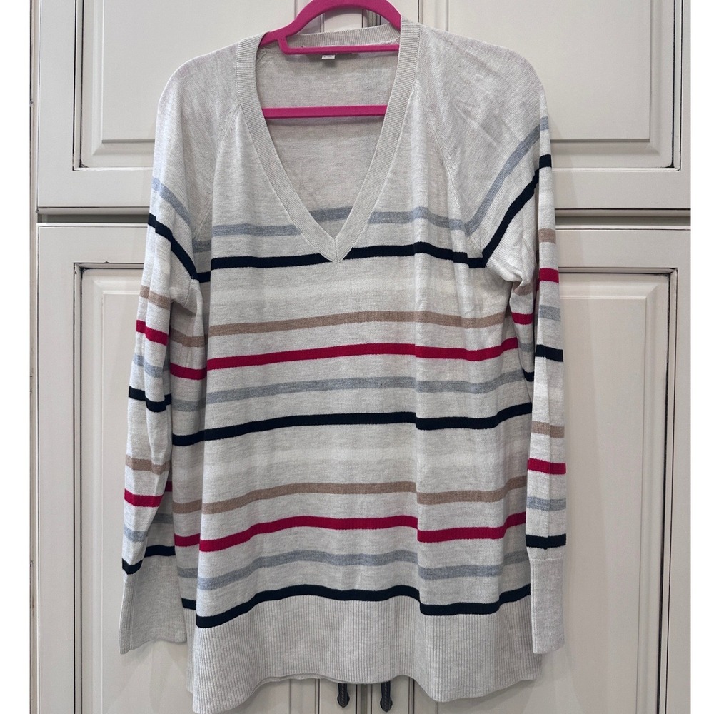 Loft Womens V-Neck Striped Sweater Oatmeal Navy Red Grey Tan Large